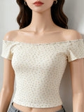 Sexy Pure Lust Thread Word Shoulder Broken Flower Slime Shoulder Short-Sleeved T-Shirt Girl Summer Hottie Thin Bottom Topess Female T