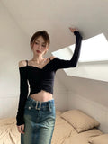 Pure Lustful Collarbone Collared T-Shirt Woman Sling Summer Umbilled Hottie Black Thin Short Bottom Top
