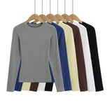 Spice Girls New Shoulder Round Neck Long Sleeve Elastic Waist T-Shirt Soft-Skinned Solid-Colored Back-To-Bottom Shirt