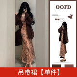 French Temperament Floral Sling Dress With A Dress Women's Autumn And Winter In The Long Dress Morning Autumn Tea Tie Wear A Complete Set Of Clothing