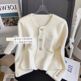 French Small Fragrant Wind Gold Buckle White Marinade Knitted Cardigan Women Autumn Soft Glutinous Sweater Coat Coat Winter