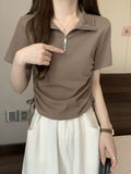 Casual Style POLO Neck Zipper Front Shoulder Short Sleeve T-Shirt Women's Summer Design Suction Rope Strap To Repair Short Blouse