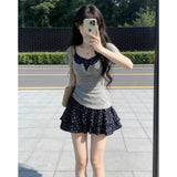 Early Summer Wear Sweet Hottie Pure Breeze Half-Neck Gray Short-Sleeved T-Shirt + Broken Flower Sling Skirt Skirt Two Sets Of Women
