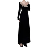 Autumn And Winter Black Lace Stitching Cross-Tie With Long-Sleeved Dress High Sense Hepburn Style Temperament A-Character Dress Woman