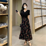 Large-Size Tea Break French Dress Xia Heben Style Two Broken Floral Skirt Fat MM Waist Show Thin Skirt