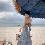 French Word Shoulder Sexy Bareback Bow Sling Skirt Girl Crumb Dress Seaside Beach Dress