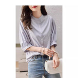 2026 Summer New Five-Sleeve Casual Temperament Striped Shirt Women Short Sleeve Loose Thin Round Collar Shirt
