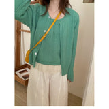 3.8/Spring New XUAN XIAO JIE Yellow Lace Splicing Vest Knitted Two-Piece Set