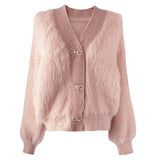 Autumn And Winter New Soft-Gutter V-Neck Bow Coat Sweet Delicate Knitted Women's Imitation Water Marinade Sweater Opener