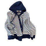 KANING Simple Color Buckle Hooded Striped Knitted Cardigan 2026 Autumn New Loose Thin Sweater Jacket