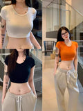 Ins Hottie Sexy Umbilly Short Pure Color T-Shirt Girl New Slim Slim Net Want U Collar Bottom Top Woman T-Tide