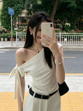 [Original Barbie Bamboo Day Cotton] White Oblique Shoulder T-Shirt Girl Xia Pure Want To Show Thin Hot Girl On The Short Sleeves