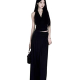 Summer Folded Vest V-Neck Top + Dating Solid-Colored Ass Hip Skirt Long Dress