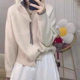 KANING Double Zipper Semi-High Collar Knitted Cardigan 2026 Autumn New Design Sweater Coat Women's Clothing