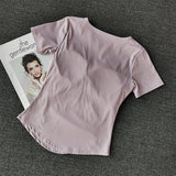 Design Sense Short Sleeve With Chest Cushion Sports T-Shirt Women Running Fitness Elastic External Wearing Thin Top Yoga Suit