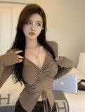 Pure Want To Show Thin Tops To Collect Waist Draw Rope Model Unique To Long-Sleeved T-Shirt Spring And Autumn New Women's Clothing Niche Design Model