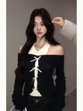 Pure Babes Spliced Bow Knitted Women's Autumn Design Slim Slimming Bottom Shirt Inside The Top