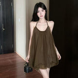 Solidly Colored Bare Shoulder With Back Hanging Neck With Dress Women's Summer Vacation Net Folded Loose Flower Skirt Skirt