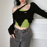 Spice Girls Want To Irregularly Show Up Shoulder Long-Sleeved T-Shirt Girl Autumn New Niche Sexy Tight Body Clothes Two Sets