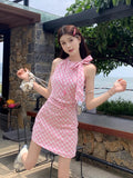 Pink Sleeveless Hanging Neck Dress Woman 2025 Summer Bow Beautiful Little Seaside Vacation Ass Skirt