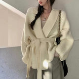 French High-End Sense V-Neck Knitted Open-Shirt Coat Top Languid Wind Languid Wind To Close The Waist Strap Thick Sweater Outside