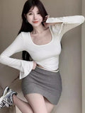 Ins Sexy Babes U Collar Bottomed Long-Sleeved T-Shirt Girl Spring And Autumn Korean Version Of Long-Sleeved T-Shirt Women's Top