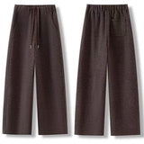 Spring And Autumn Casual Wind With Solid Color Pumping Rope With Pocket Broad Leg Pants Women Loose Waist Loose Straight Trousers