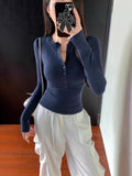 Ins Sexy Pure-Want Button Breast-Feeding Long-Sleeved T-Shirt Women's Autumn Dress V-Neck Fashion Slimming Bottom Top Women's T-Tide