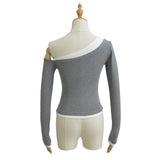 Autumn New Female Hottie Sexy Oblique Shoulder Knock Two Scratch-Ragged Shirt Long-Sleeved T-Shirt