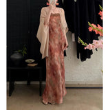Vintage Dizzling Ink Lace Side Sling Skirt Shawl Set New Lightly Fashionable French Dress Summer