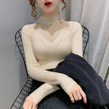 Half-High-Necked Sweater Women's Autumn And Winter New Korean Engraving Lace Mesh Yarn Hollow With Knitted Bottom Shirt Women's Top