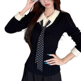 KANING Collisory Stitching Two Knitted Shirts 2026 Autumn And Winter New Polo Silk Scarf With Sweater Top