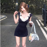 Lace Spliced Hottie Dress Design Sense Flying Sleeve A-Word Dress Female Summer Famous Woman Pure Lust Wind To Waist