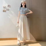 Acet-Faced New Chinese Style Pure Chinese Style Pure Color Flower Drawstring Half Body Dress Girl Spring And Autumn Loose Waist Hanging Feeling A Word Long Skirt