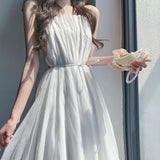 Pure Lusty Pure Color Slings Folding Dress Light Luxury High-End Women Summer Super Fairy Temperament Waist A Word Long Dress
