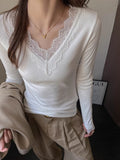 Lace Lace V-Neck Long Sleeve Shirt Lady With Autumn And Winter Thread De-Later Design Positive Shoulder T-Shirt