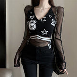 Sexy Babes V-Neck Splicing Mesh Yarn Long-Sleeved T-Shirt Girl Autumn And Winter New Slimming Inside Pure Desire Blouse Tide