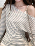 Pure Lusty T-Necked Striped Long-Sleeved T-Shirt Spring And Autumn Thin Lace Splicing To Repair The Shoulder Ins Top Long-Sleeved Woman