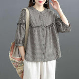 2025 New Imitation Cotton Shirt Women Seven-Point Sleeve Korean Version Of Loose Leisure Size Shirt Lined-Up Top