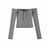 Sweet Sister Summer Design Feeling A Word Shoulder Striped Strapped Bottom Shirt Women Autumn Long Sleeves And Shoulders To Put On A Top