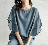 9 Color Day 2026 Summer New Short-Sleeved Bat Shirt Loose Round Neck Casual Chiffon