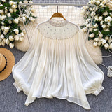 Court Style Niche High-End Feeling Heavy Industry Nails Drill Lantern Sleeve Escre Net Yarn Shirt Women Loose Leisure Top