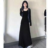 Hepburn-Style Black V-Neck Dress Women's New Korean Atmosphere In The Autumn And Winter 2025 Long Sleeves And Bottom Skirts