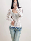 Fashion New Lace Splicing Long Sleeve Crobrate Crobrate Yarn Net Hollow Hook Babes Conjoined Shirt
