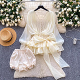 Fairy Atmosphere With A Sense Of Niche Bow Tie With Waist Lace Spliced Long-Sleeved Lotus Leaf-Side Mesh Dress Shorts