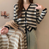 KANING Port Wind Sweet V-Neck Striped Knitted Cardigan Women 2026 Autumn New Ocean Gas Thin Sweater Outside