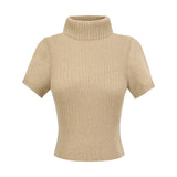 Sweet Sister Atmosphere High Collar Bottom Knitted Shirt Women With Short Sleeves Tight Short Coat Short Waist