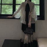 Clear-Tan-Dong Oni Champagne-Colored Bow Blouse + Black Lace Skirt Tight Waist Suit Two Sets Of Women's Summer