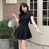 Summer Black Striped Button POLO Collar Bubble Sleeve Dress Female Sweet Spicy Temperament Waist A Skirt Skirt