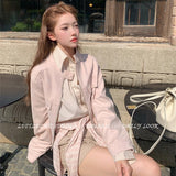 Vintage Round Collar Leather Jacket Woman 2026 Autumn New Korean Loose Leisure Short Pink Top Woman
